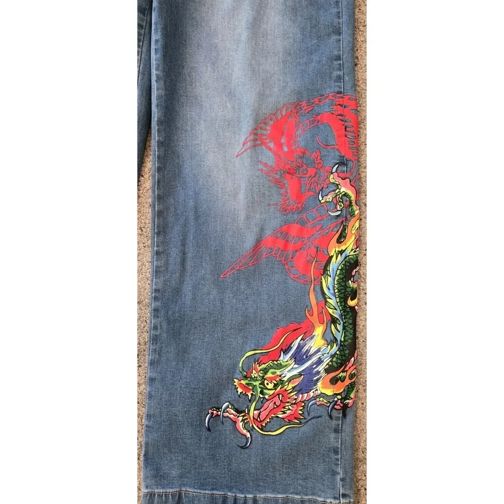 Ed Hardy Dragon Jeans 32 Y2K Wide Leg Baggy Denim Tattoo Graphic Rare Grail Fire